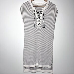 WHITE & WARREN Knit Ribbed Striped Sleeveless Cotton Midi Dress Coastal Nautical